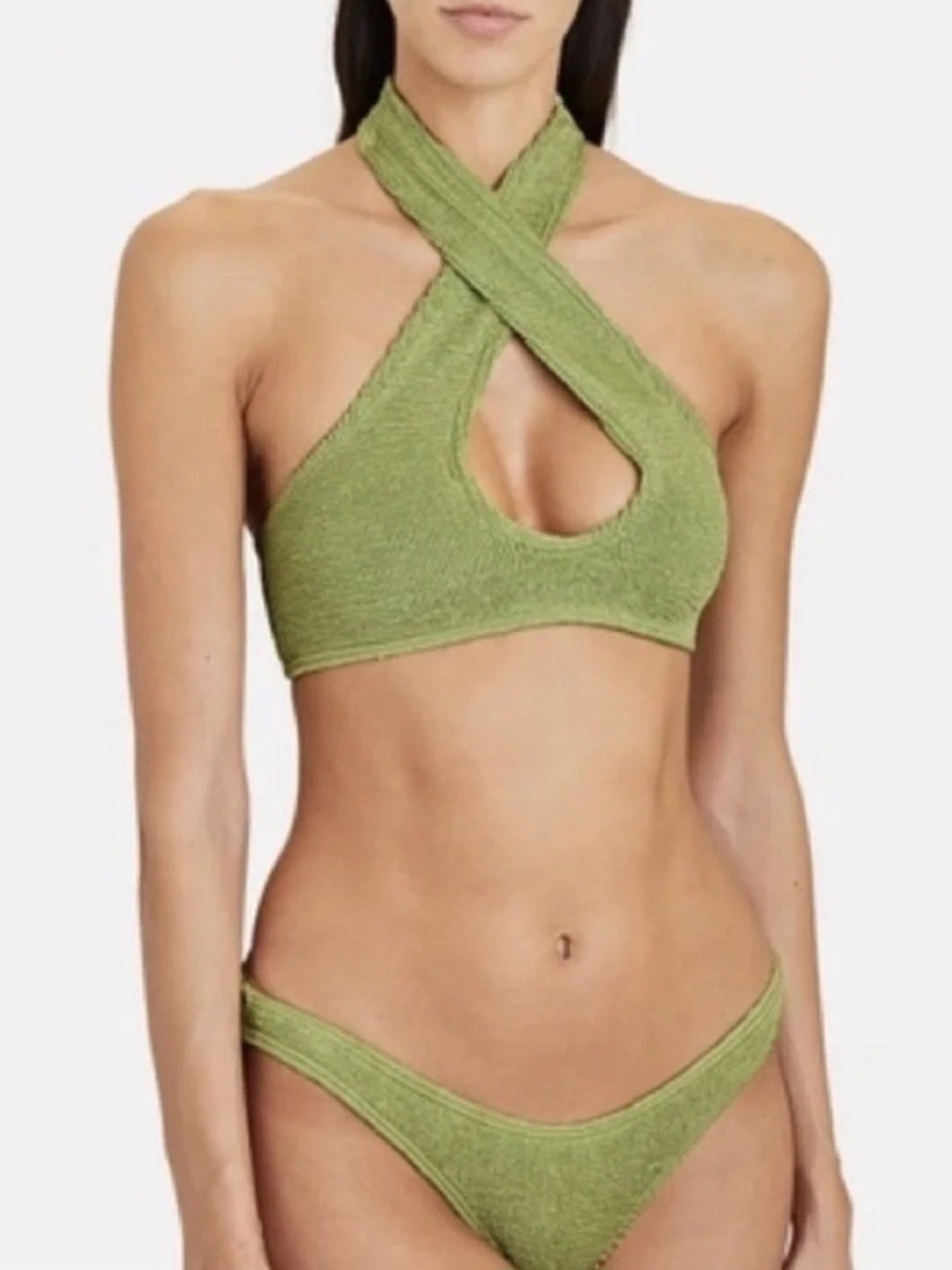 NWT Bond-Eye Set Textured Crinkle Halter Bikini in Lime Green, One Size